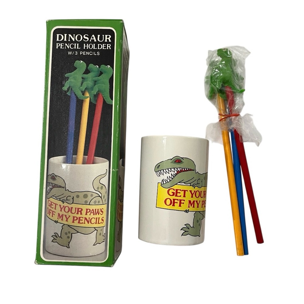 Vintage Dinosaur Pencil Set w/Ceramic Cup Holder & 3 Wooden Pencils w/ Toppers